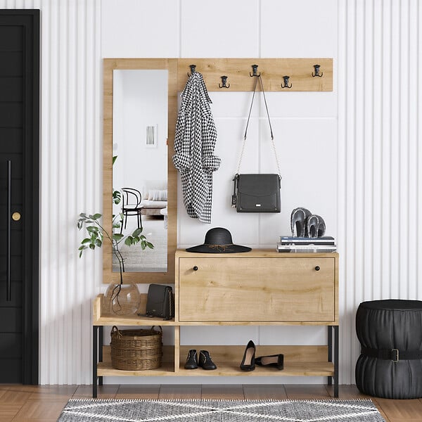 HABITAT ET JARDIN - Meuble à chaussures avec miroir en bois "Nonso" - 120 x 35 x 70 cm - Beige - large