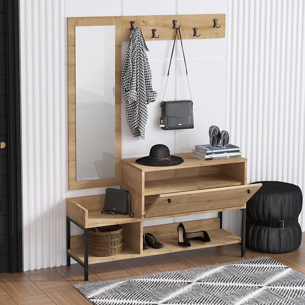 HABITAT ET JARDIN - Meuble à chaussures avec miroir en bois "Nonso" - 120 x 35 x 70 cm - Beige - large