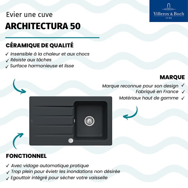 VILLEROY ET BOCH - Evier  Architectura 50 Pure Black - Vidage automatique inclus - large