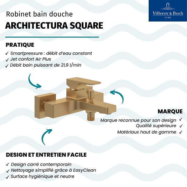 VILLEROY ET BOCH - Mitigeur bain douche mécanique  Architectura Square Or brossé - large