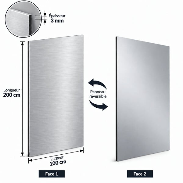 MCCOVER - Crédence réversible en aluminium brossé / aluminium brut- Aluminum brossé, ep.3 mm, l.100 cm, L.200 cm - large