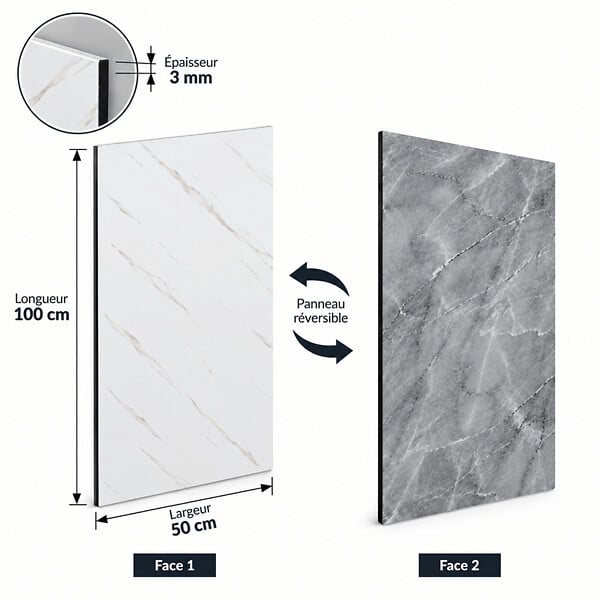 MCCOVER - Panneau mural réversible effet marbre blanc / gris – Aluminium composite – Ép. 3 mm Effet marbre Blanc/Gris, ep.3 mm, l.50 cm, L.100 cm - large
