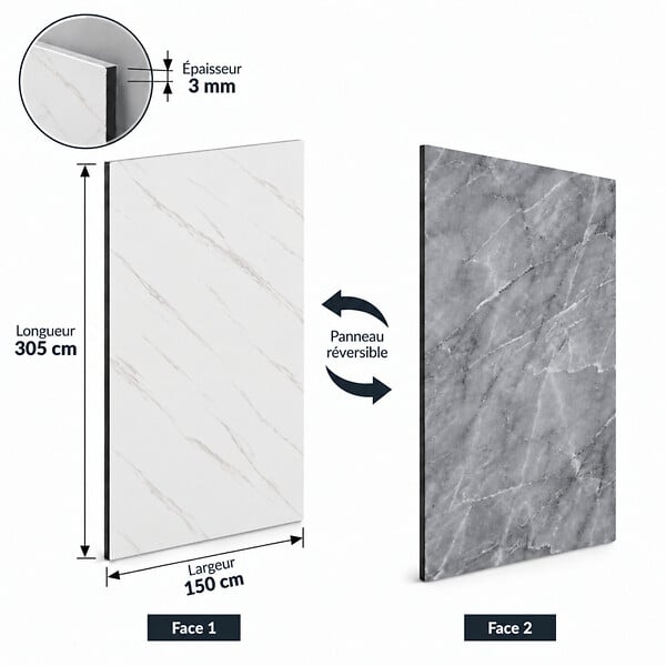 MCCOVER - Panneau mural réversible effet marbre blanc / gris – Aluminium composite – Ép. 3 mm Effet marbre Blanc/Gris, ep.3 mm, l.150 cm, L.305 cm - large