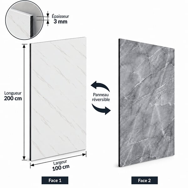 MCCOVER - Panneau mural réversible effet marbre blanc / gris – Aluminium composite – Ép. 3 mm Effet marbre Blanc/Gris, ep.3 mm, l.100 cm, L.200 cm - large