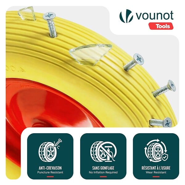 VOUNOT - Lot de 4 Roue increvable 4.80/4.00-8 en PU pour brouette diable alesage 20mm 392x92 mm Jaune - large