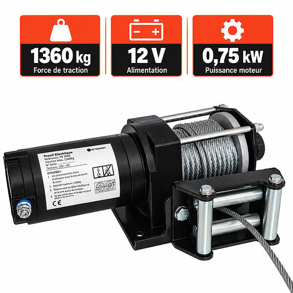 GT MARKET - Treuil électrique 12 V 1360 kg - Télécommande sans fil - large