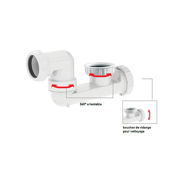 VALENTIN - Siphon baignoire blanc H124 - bouchon de dégorgement - large