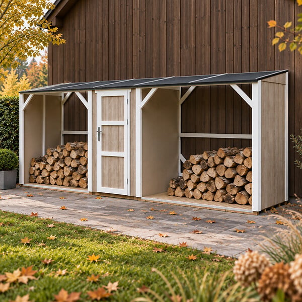 TIMBELA - Abri à bûches double avec remise - 556x120xH220 cm / 6,49 m² - Capacité ~8,8 m³ - TIMBELA M986-TERRA BROWN - large