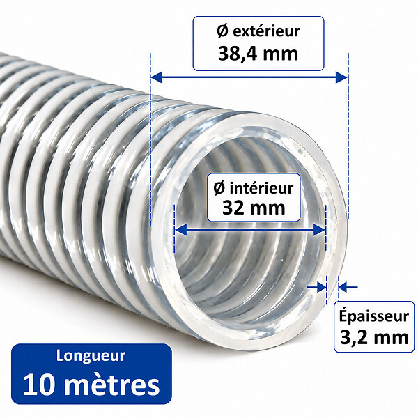 HUGGY TUYAUX - Tuyau d'aspiration ALIFLEX Ø 32 mm - Longueur 10 mètres - large