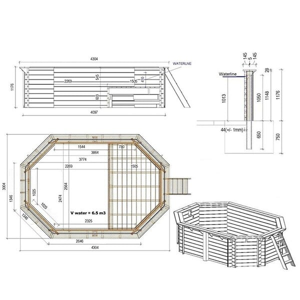 ALTANKA - Piscine hors sol en bois NEMO 4.3 x 3 - H.1.18 m avec plage, bleu pâle, fixations à visser - BAS7302OSPL+PLA302 - large