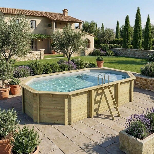 ALTANKA - Piscine hors sol en bois NEMO 7.3 x 3.97 - H.1.45 m avec plage, gris clair, cadre en métal - sans dalle - BAS7305OSPU2+PLA305 - large