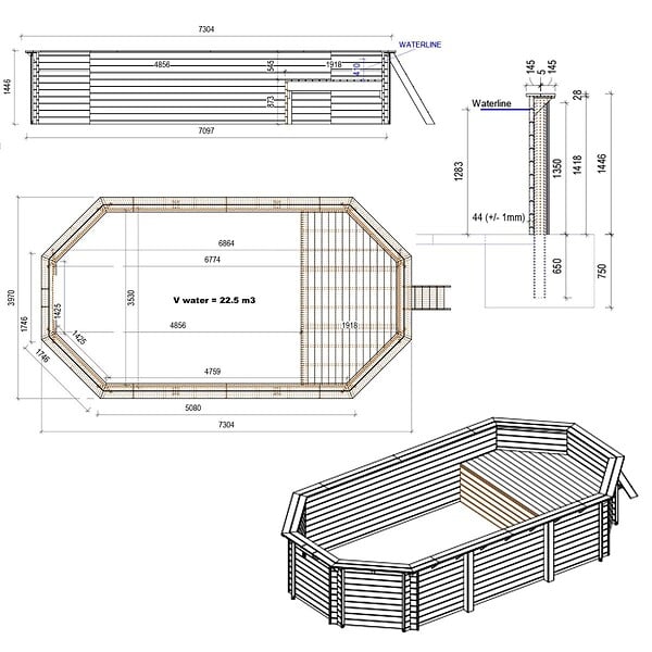 ALTANKA - Piscine hors sol en bois NEMO 7.3 x 3.97 - H.1.45 m avec plage, gris clair, cadre en métal - sans dalle - BAS7305OSPU2+PLA305 - large