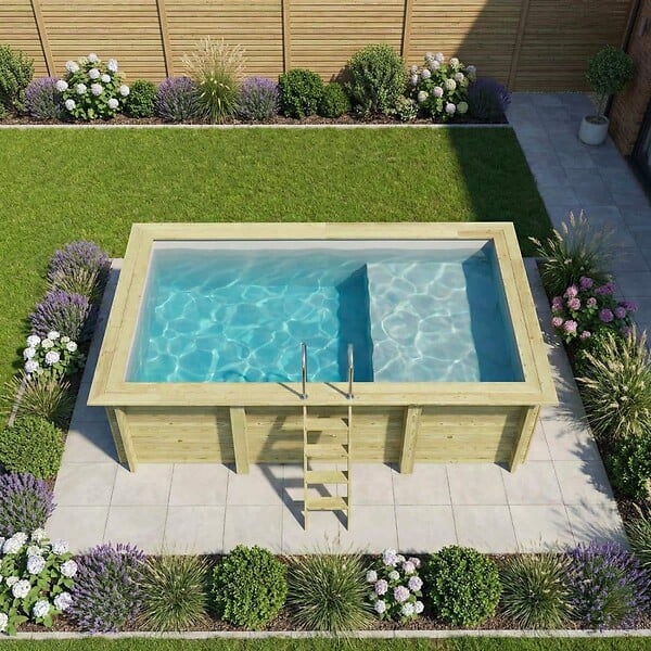 ALTANKA - Piscine hors sol en bois AQUA 4.65 x 2.85 - H.1.24 m avec plage, gris clair, cadre en métal - sans dalle - BAS7306OSPU2+PLA306 - large