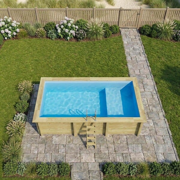 ALTANKA - Piscine hors sol en bois AQUA 6.1 x 2.85 - H.1.31 m avec plage, bleu pâle, fixations à sceller - BAS7307OSPI+PLA307 - large