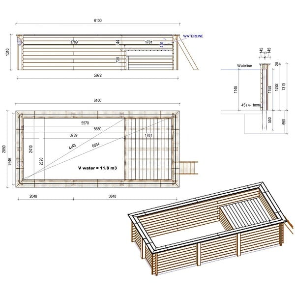 ALTANKA - Piscine hors sol en bois AQUA 6.1 x 2.85 - H.1.31 m avec plage, bleu pâle, fixations à visser - BAS7307OSPL+PLA307 - large