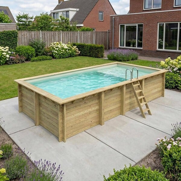 ALTANKA - Piscine hors sol en bois AQUA 7 x 3.75 - H.1.45 m avec plage, sable, fixations à visser - BAS7308OSPL3+PLA308 - large
