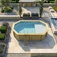 ALTANKA - Piscine hors sol en bois NEMO 5.79 x 3.49 - H.1.45 m avec plage, gris clair, fixations à visser - BAS7304OSPL2+PLA304 - vignette