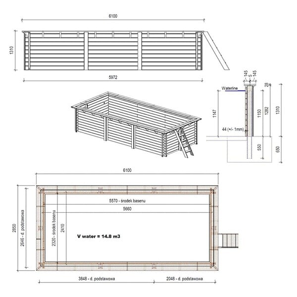 ALTANKA - Piscine hors sol en bois AQUA 6.1 x 2.85 - H.1.31 m, gris clair, fixations à visser - BAS7307OSPL2 - large