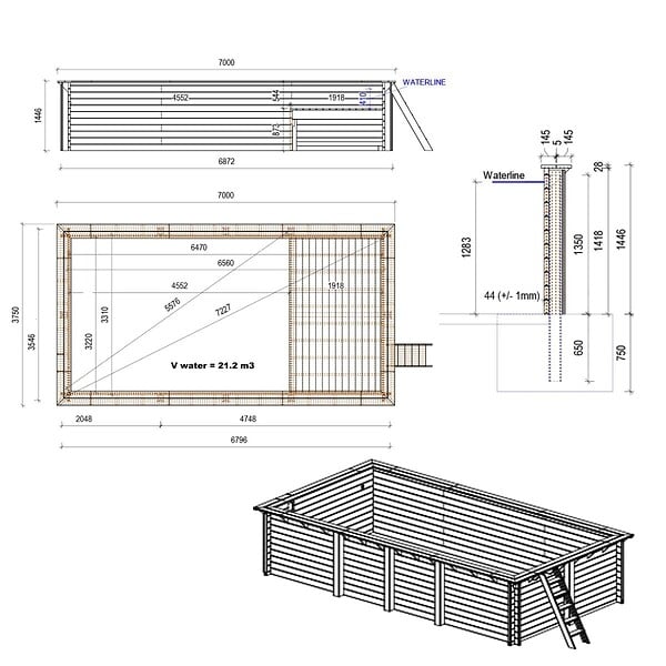 ALTANKA - Piscine hors sol en bois AQUA 7 x 3.75 - H.1.45 m avec plage, sable, fixations à sceller - BAS7308OSPI3+PLA308 - large