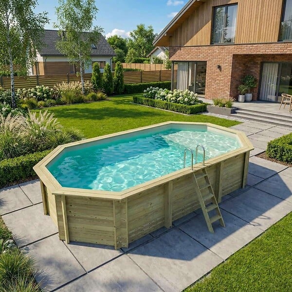ALTANKA - Piscine hors sol en bois NEMO 7.3 x 3.97 - H.1.45 m avec plage, sable, cadre en métal - sans dalle - BAS7305OSPU3+PLA305 - large