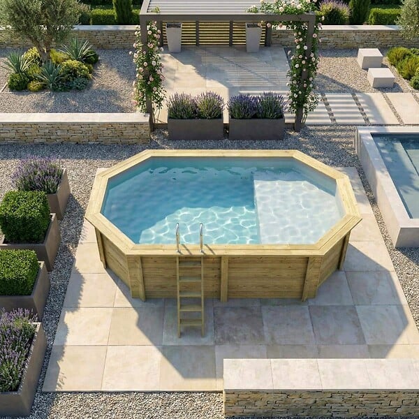 ALTANKA - Piscine hors sol en bois NEMO 5.79 x 3.49 - H.1.45 m avec plage, gris clair, fixations à sceller - BAS7304OSPI2+PLA304 - large