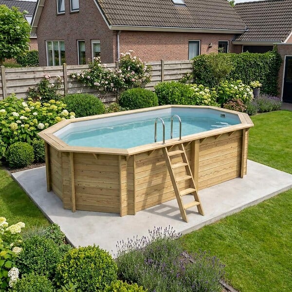 ALTANKA - Piscine hors sol en bois NEMO 5.79 x 3.49 - H.1.45 m, gris clair, fixations à sceller - BAS7304OSPI2 - large