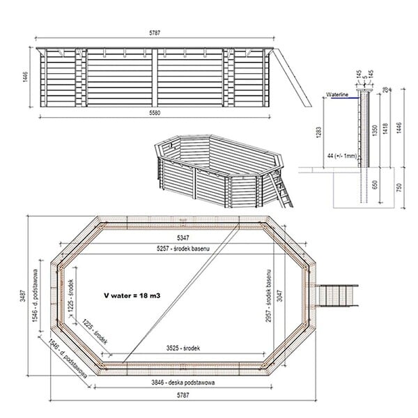 ALTANKA - Piscine hors sol en bois NEMO 5.79 x 3.49 - H.1.45 m, gris clair, fixations à visser - BAS7304OSPL2 - large