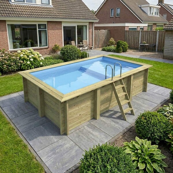 ALTANKA - Piscine hors sol en bois AQUA 4.65 x 2.85 - H.1.24 m avec plage, bleu pâle, fixations à sceller - BAS7306OSPI+PLA306 - large