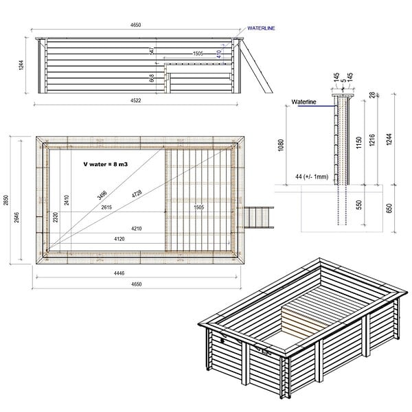 ALTANKA - Piscine hors sol en bois AQUA 4.65 x 2.85 - H.1.24 m avec plage, bleu pâle, fixations à sceller - BAS7306OSPI+PLA306 - large