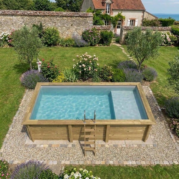 ALTANKA - Piscine hors sol en bois AQUA 6.1 x 2.85 - H.1.31 m avec plage, gris clair, fixations à sceller - BAS7307OSPI2+PLA307 - large