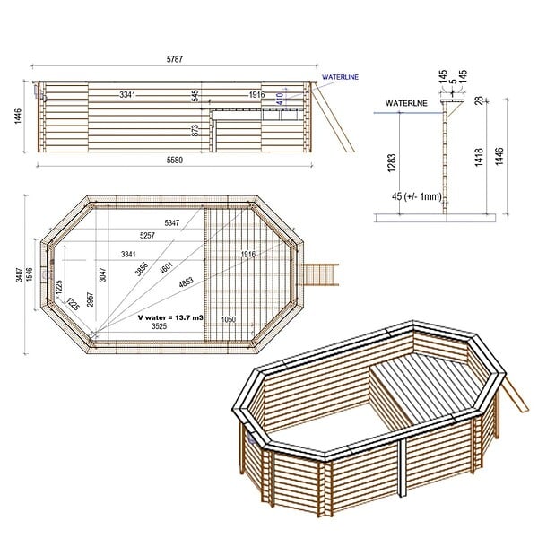 ALTANKA - Piscine hors sol en bois NEMO 5.79 x 3.49 - H.1.45 m avec plage, bleu pâle, fixations à visser - BAS7304OSPL+PLA304 - large