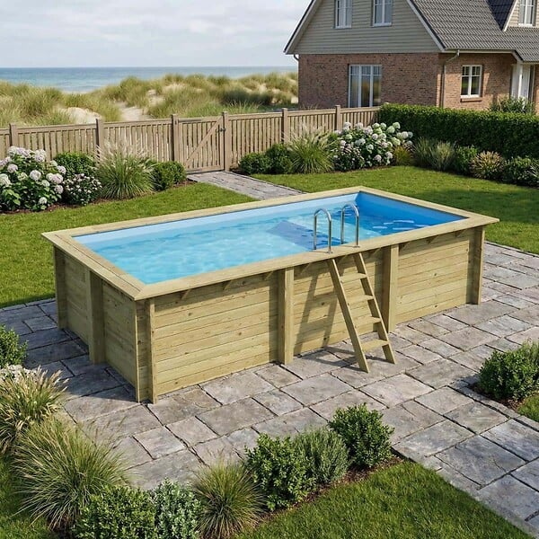 ALTANKA - Piscine hors sol en bois AQUA 6.1 x 2.85 - H.1.31 m avec plage, bleu pâle, cadre en métal - sans dalle - BAS7307OSPU+PLA307 - large