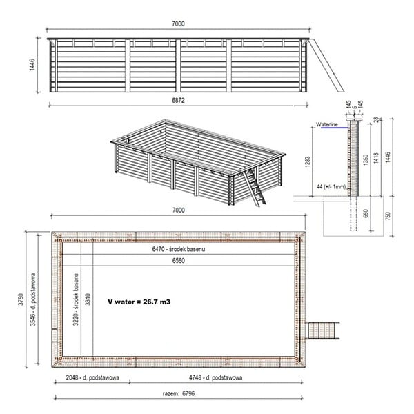 ALTANKA - Piscine hors sol en bois AQUA 7 x 3.75 - H.1.45 m, bleu pâle, fixations à visser - BAS7308OSPL - large