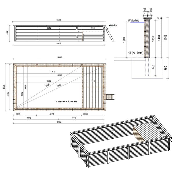 ALTANKA - Piscine hors sol en bois AQUA 8.5 x 4.35 - H.1.45 m avec plage, sable, cadre en métal - sans dalle - BAS7309OSPU3+PLA309 - large