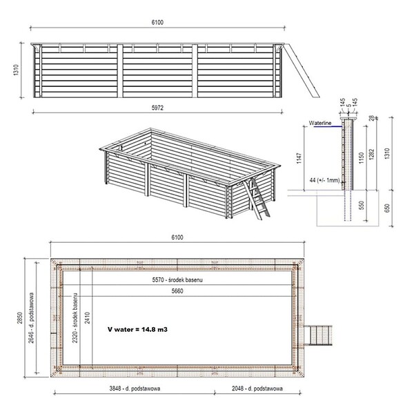 ALTANKA - Piscine hors sol en bois AQUA 6.1 x 2.85 - H.1.31 m, bleu pâle, cadre en métal - sans dalle - BAS7307OSPU - large