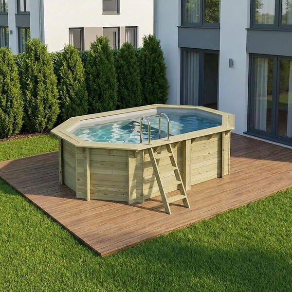 ALTANKA - Piscine hors sol en bois NEMO 4.3 x 3 - H.1.18 m avec plage, gris clair, fixations à sceller - BAS7302OSPI2+PLA302 - large