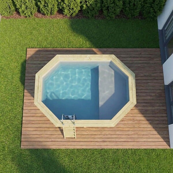 ALTANKA - Piscine hors sol en bois NEMO 4.3 x 3 - H.1.18 m avec plage, gris clair, fixations à sceller - BAS7302OSPI2+PLA302 - large