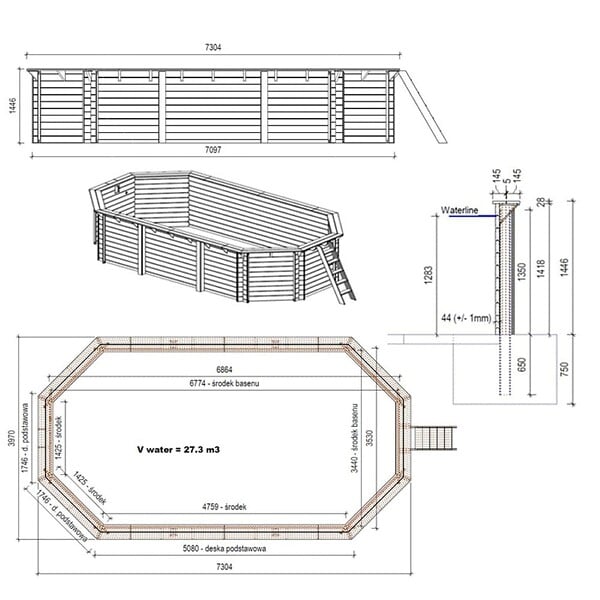 ALTANKA - Piscine hors sol en bois NEMO 7.3 x 3.97 - H.1.45 m, sable, fixations à visser - BAS7305OSPL3 - large