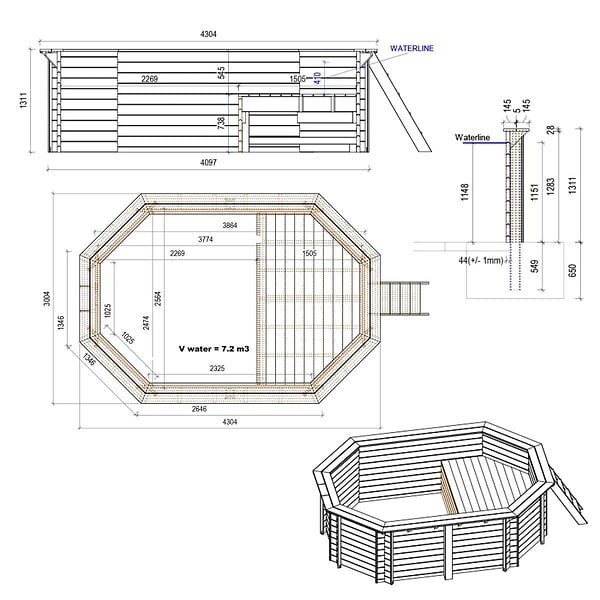 ALTANKA - Piscine hors sol en bois NEMO 4.3 x 3 - H.1.31 m avec plage, gris clair, cadre en métal - sans dalle - BAS7303OSPU2+PLA303 - large