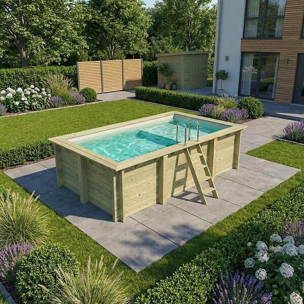 ALTANKA - Piscine hors sol en bois AQUA 4.65 x 2.85 - H.1.24 m avec plage, sable, fixations à sceller - BAS7306OSPI3+PLA306 - large
