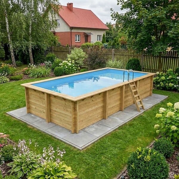ALTANKA - Piscine hors sol en bois AQUA 7 x 3.75 - H.1.45 m avec plage, bleu pâle, cadre en métal - sans dalle - BAS7308OSPU+PLA308 - large