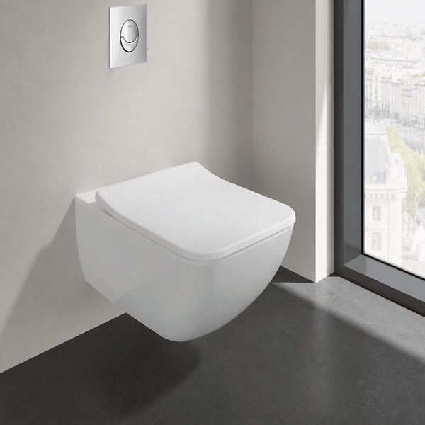 VILLEROY ET BOCH - Pack WC suspendu sans bride  Venticello + abattant + plaque chromée + bâti Grohe - large