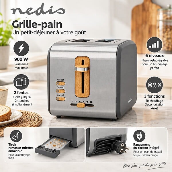 NEDIS - Grille pain Toaster 900W 2 Tranches Design Gris & Bois 6 modes Réchauffage & Dégivrage Ramasse-miettes amovible NEDIS - large