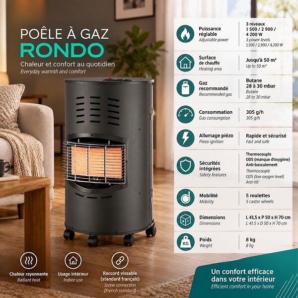 INTEC - Poele à gaz Rondo 4200W 3 puissances Noir - Chauffage d'appoint gaz mobile 80m² 5 roulettes INTEC - large