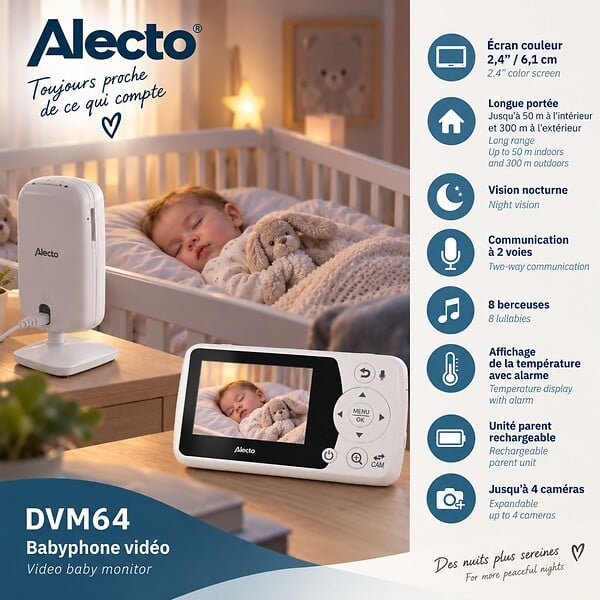 ALECTO - Babyphone vidéo Caméra écran couleur 2,4 pouces Vision nocturne VOX Interphone Portée 50 m Alecto - large