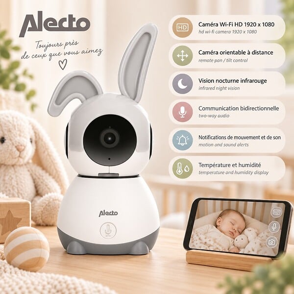 ALECTO - Babyphone Wi-Fi Caméra Full HD 1080p orientable Vision Nocturne Interphone Alertes Alecto - large