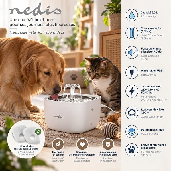 NEDIS - Fontaine à Eau pour Chat et Petit Chien 2L Filtre Pompe USB 40 dB 2 Filtres Inclus Abreuvoir Automatique Nedis - large