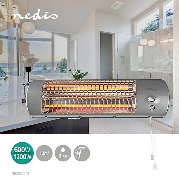 NEDIS - Chauffage Mural Salle de Bain 1200W Quartz Protection IPX4 Pieces Humides 12 m² Radiateur Gris Nedis - large
