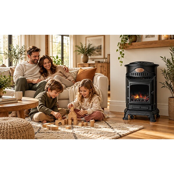 UNIVERSAL - Poêle à gaz Provence Noir Mat 3,4 kW - Chauffage d'appoint en fonte, Effet feu de bois Sahara - large