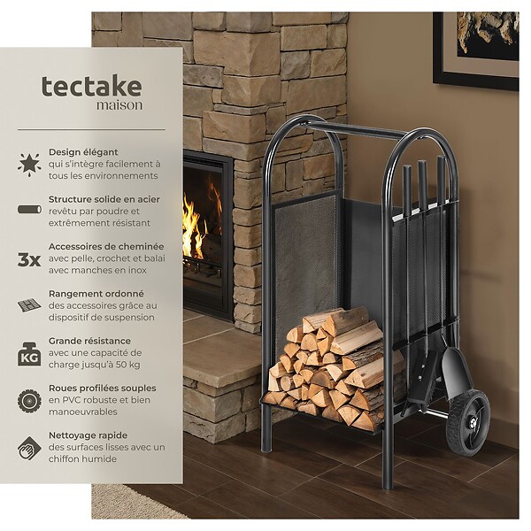 TECTAKE - Porte bûches avec pelle, balai et tisonnier noir - large